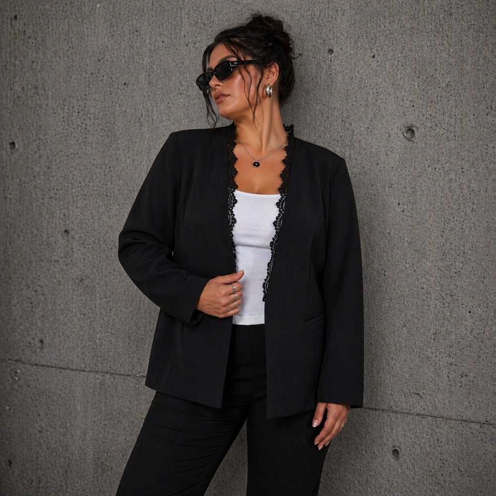 The Limited Womens Lace Trim Blazer Plus Size‎ 22 Black Career Minimalist